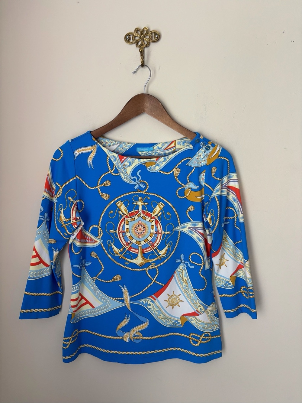 J. McLaughlin Bright Blue Nautical Print Wavesong Top Small